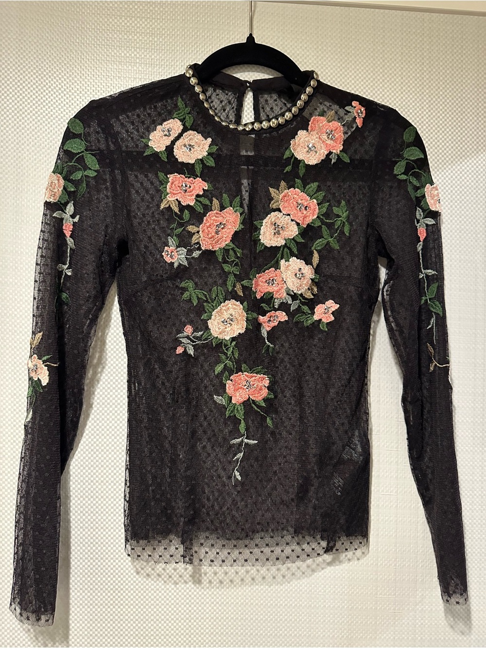 Topshop Black Sheer Floral Embroidered Blouse – Size 2